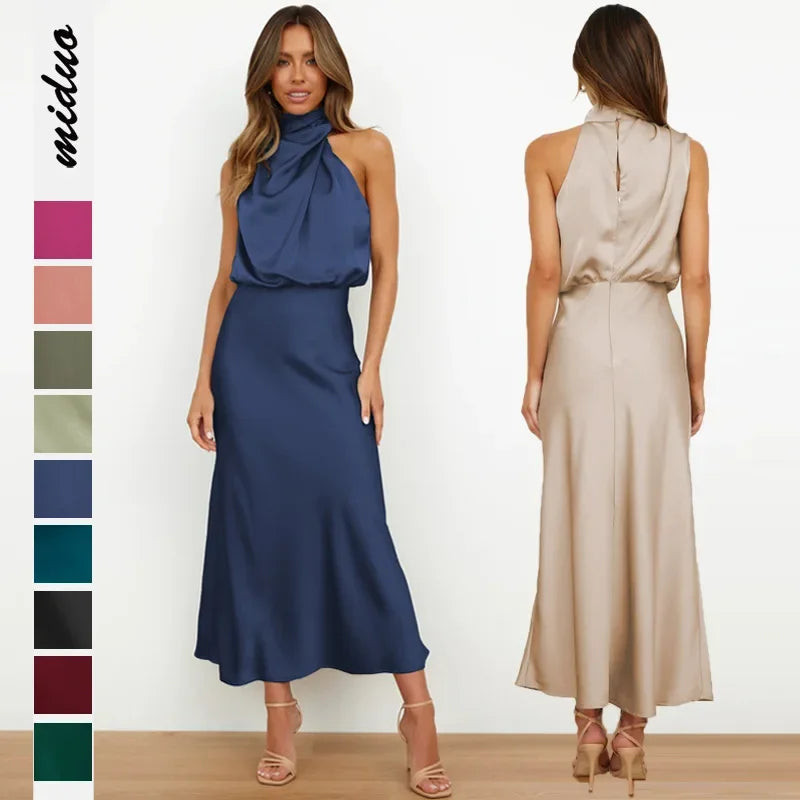 Spring and Summer New High-end Satin Sleeveless Dress Fashion Elegant Celebrity Light Evening Dress