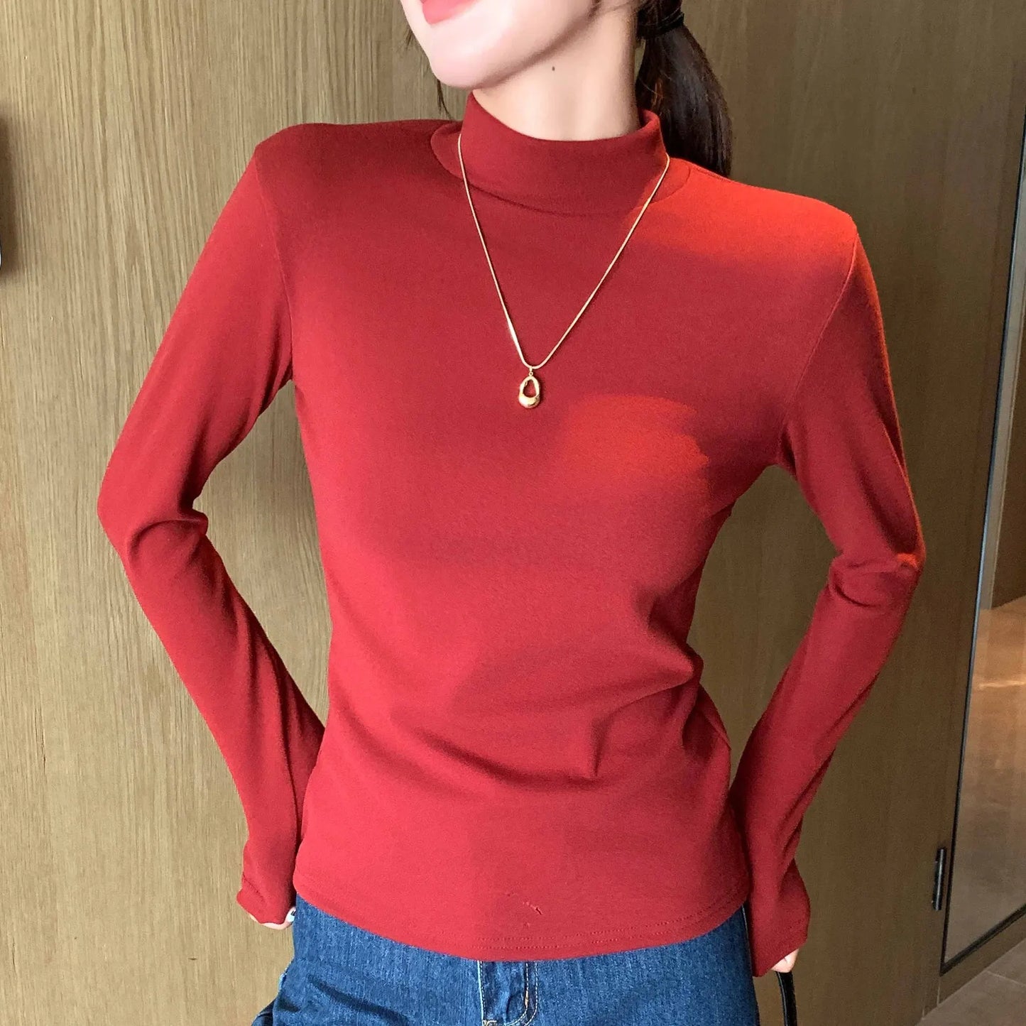 Semi-turtleneck double-sided German velvet bottoming shirt for women's spring and autumn models,thickened warm long-sleeved top