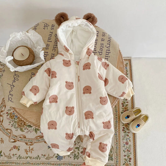 2024 winter velvet warm bear print hooded long climbing cotton onesie infant children boys and girls long climbing clothes