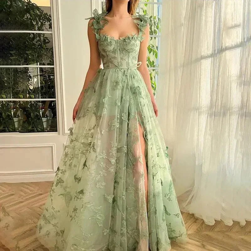 Suspender Mori Split Temperament Sexy Evening  Flower Lace Mesh Dress