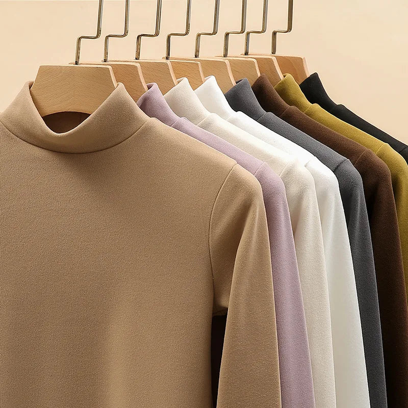 Semi-turtleneck double-sided German velvet bottoming shirt for women's spring and autumn models,thickened warm long-sleeved top