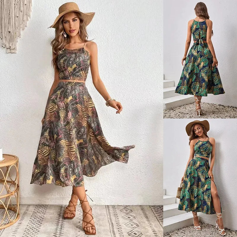 New Women's Summer Suspender Two-piece Printed Dress Long Dresses for Women