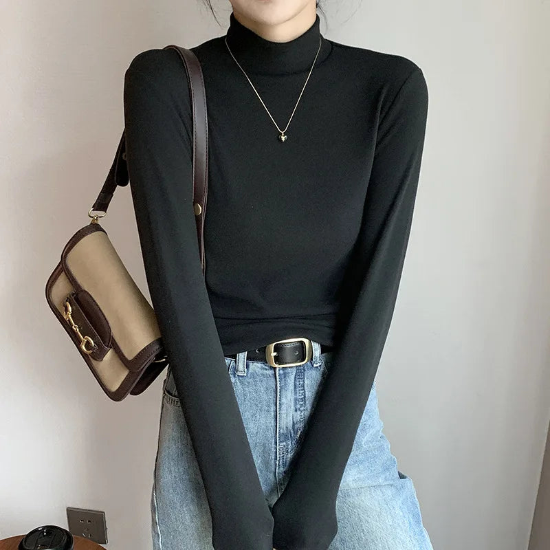 Semi-turtleneck double-sided German velvet bottoming shirt for women's spring and autumn models,thickened warm long-sleeved top