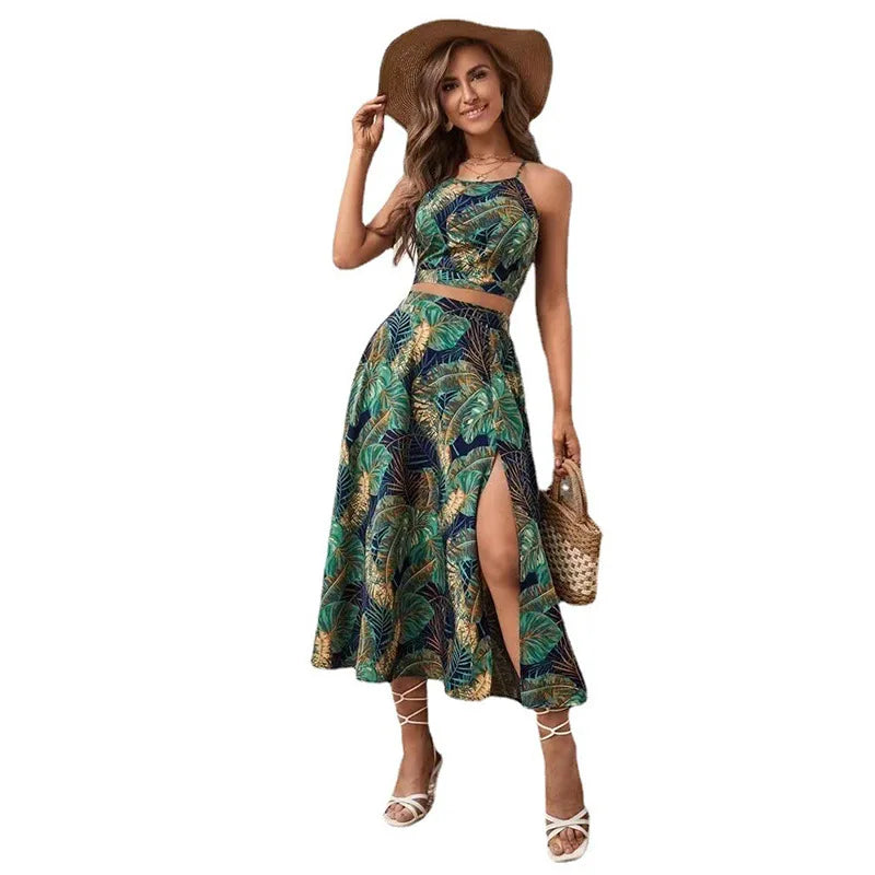New Women's Summer Suspender Two-piece Printed Dress Long Dresses for Women
