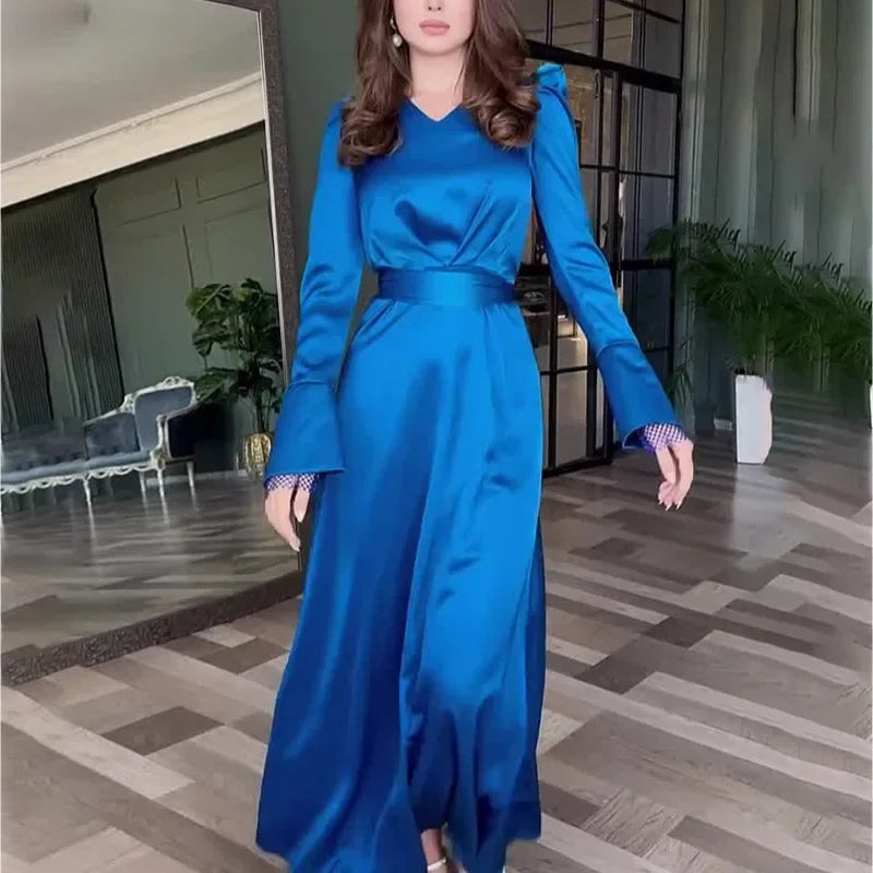 New V-neck Solid Color Split-ended Long-sleeved Slim-fitting Belt Dress