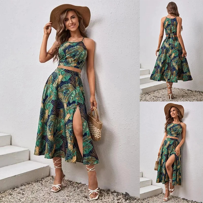 New Women's Summer Suspender Two-piece Printed Dress Long Dresses for Women