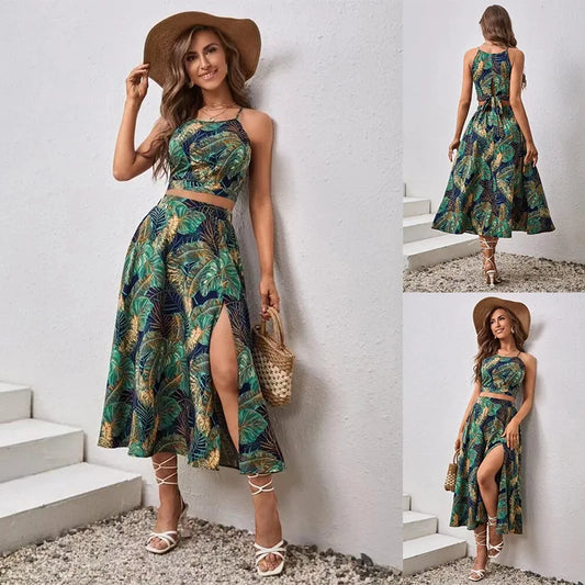 New Women's Summer Suspender Two-piece Printed Dress Long Dresses for Women