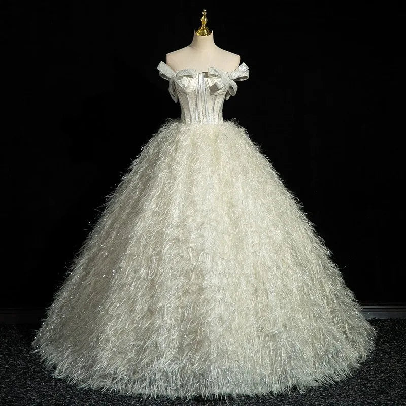 Evening Dress One-word Shoulder High-end Elegant Tutu Skirt Annual Meeting Host Adult Ceremony Dress