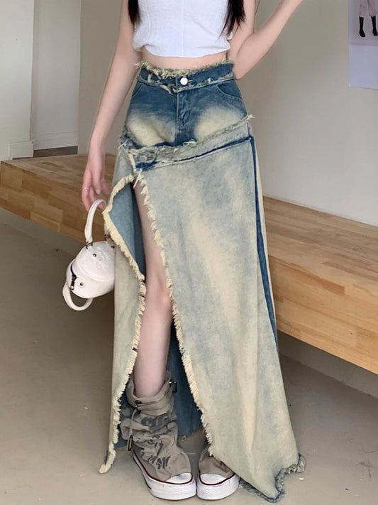 Washed Old Split Denim Medium and Long Skirt Women's High Waist Loose and Thin A Word Burr Edge Long Skirt Tide