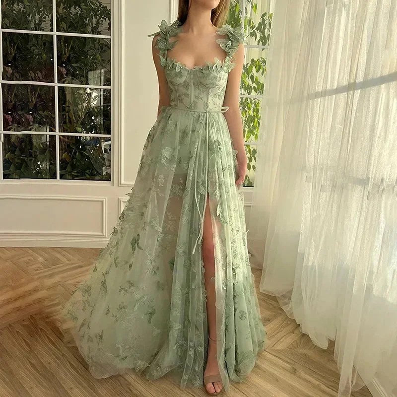 Suspender Mori Split Temperament Sexy Evening  Flower Lace Mesh Dress