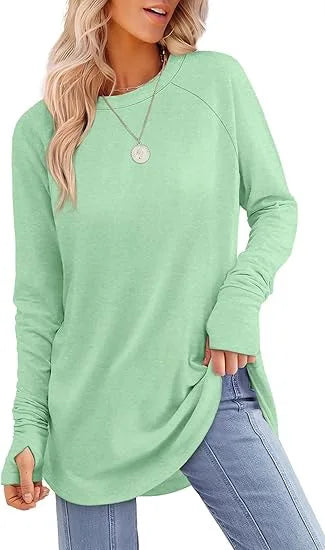 Women's Round Neck Solid Color Finger Long-sleeved Top Loose Medium and Long Bottoming Shirt