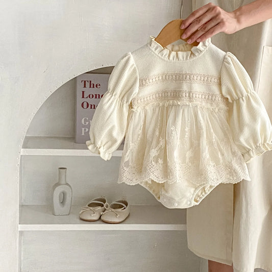 2024 Autumn Infant Baby Girl Waffle Lace Small Skirt Long Sleeve Romper Hat Skirt Fart onesie