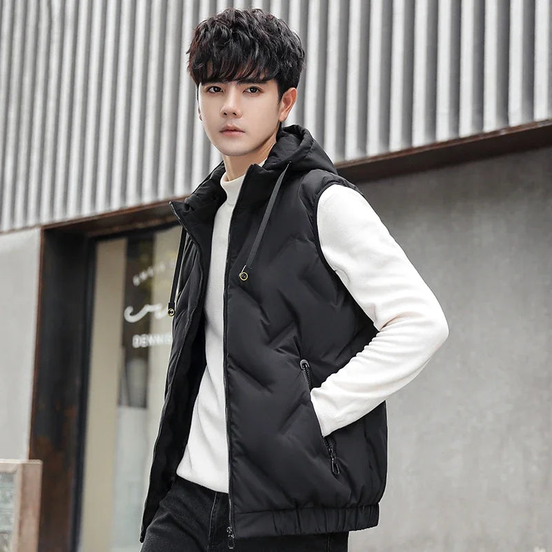 Men's Duck Down Vest Winter New Fashion Casual Basic Thermal Hooded Top