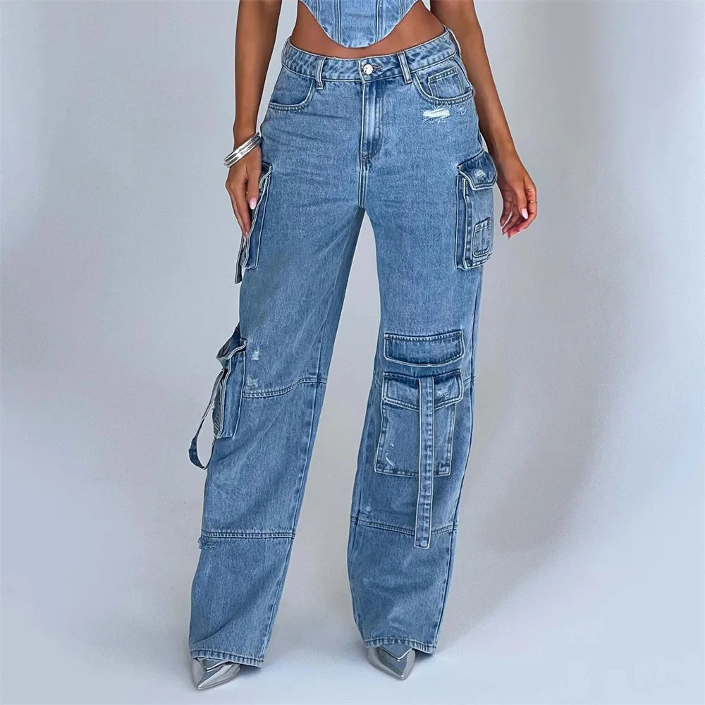 Low-rise Three-dimensional Pocket Splicing Jeans Women's Autumn New Loose Pendant and Thin Trousers
