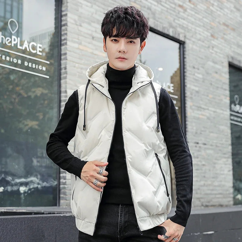 Men's Duck Down Vest Winter New Fashion Casual Basic Thermal Hooded Top