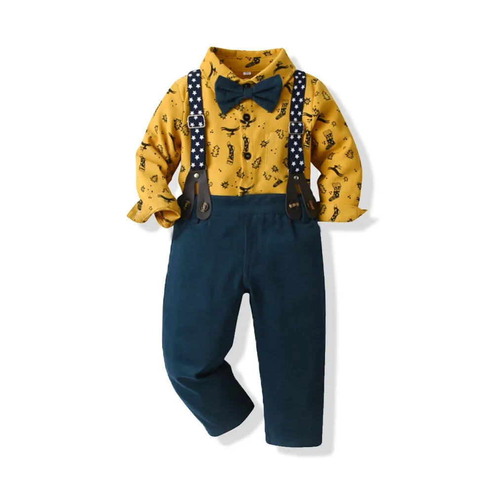 New Christmas Boys Set Printed Long Sleeve Cardigan Snowflake Velvet Overalls Two-piece Set