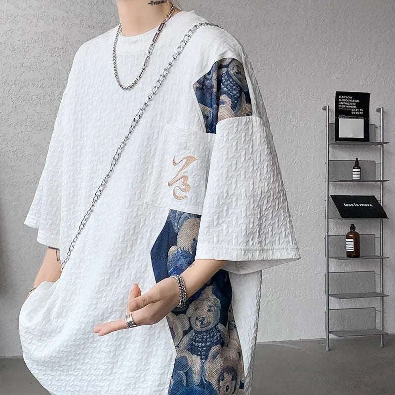 Men's T-shirt Short Sleeve Embroidery High-end Tooling Summer Newheavy Five-quarter Sleeve