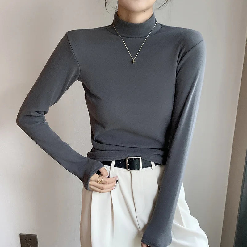 Semi-turtleneck double-sided German velvet bottoming shirt for women's spring and autumn models,thickened warm long-sleeved top