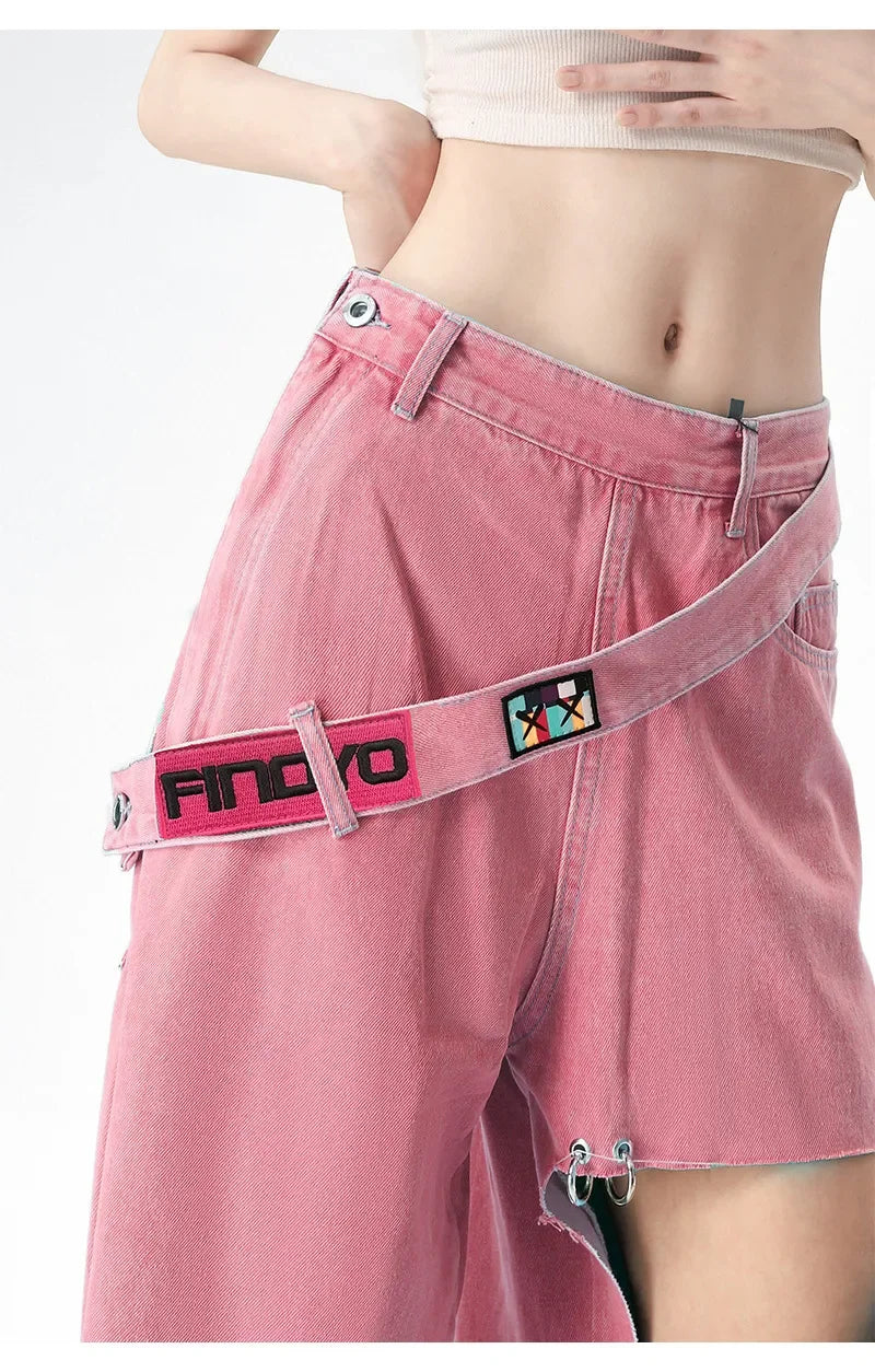 Pink Hole Gradual Change Jeans Women's Winter Niche Wide Leg Small Thick Pants