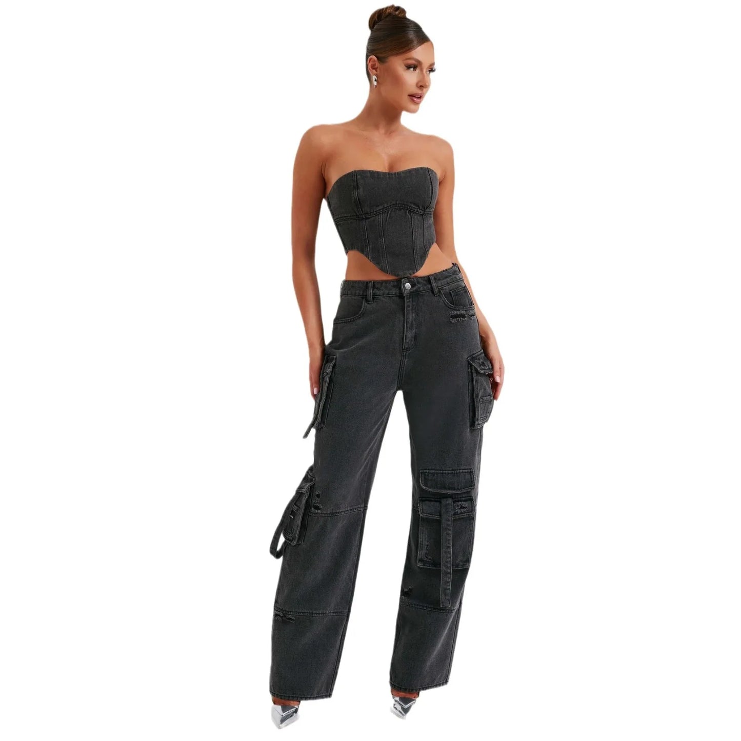 Low-rise Three-dimensional Pocket Splicing Jeans Women's Autumn New Loose Pendant and Thin Trousers