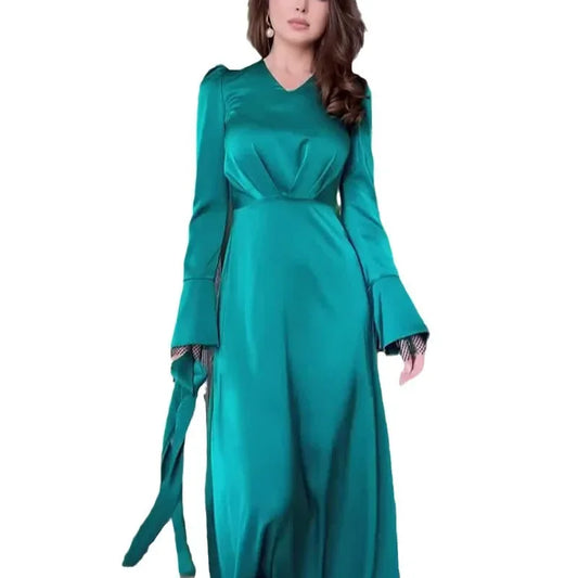 New V-neck Solid Color Split-ended Long-sleeved Slim-fitting Belt Dress
