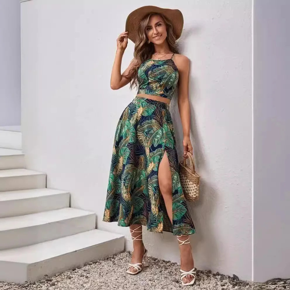 New Women's Summer Suspender Two-piece Printed Dress Long Dresses for Women