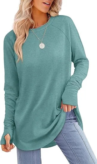 Women's Round Neck Solid Color Finger Long-sleeved Top Loose Medium and Long Bottoming Shirt