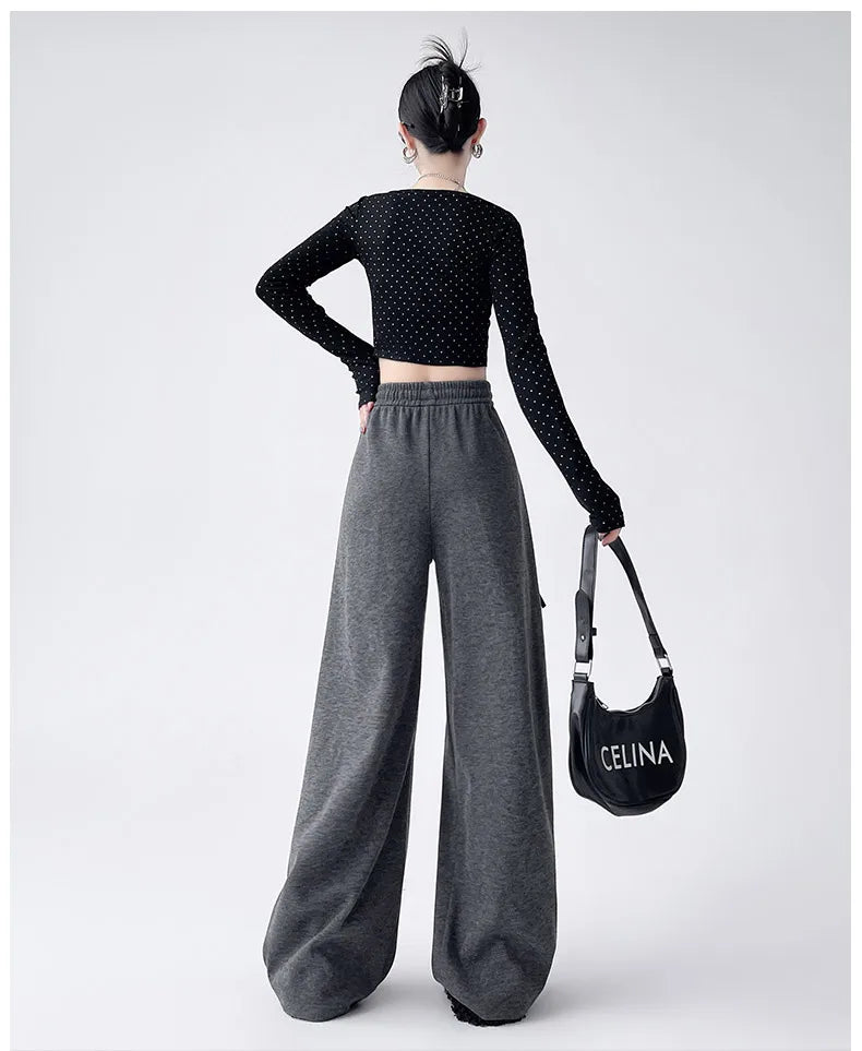 Dark Gray Glutinous Rice Casual Pants Women's Straight Autumn and Winter New Large Size  Wide-leg Pants