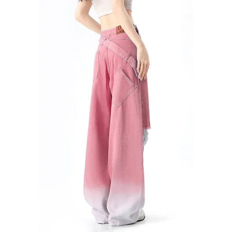 Pink Hole Gradual Change Jeans Women's Winter Niche Wide Leg Small Thick Pants