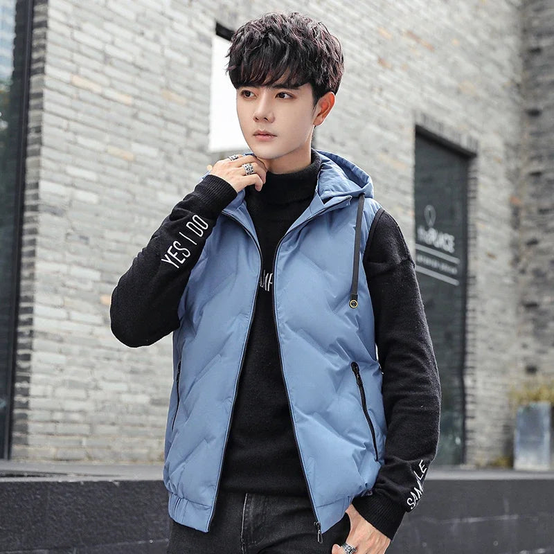 Men's Duck Down Vest Winter New Fashion Casual Basic Thermal Hooded Top