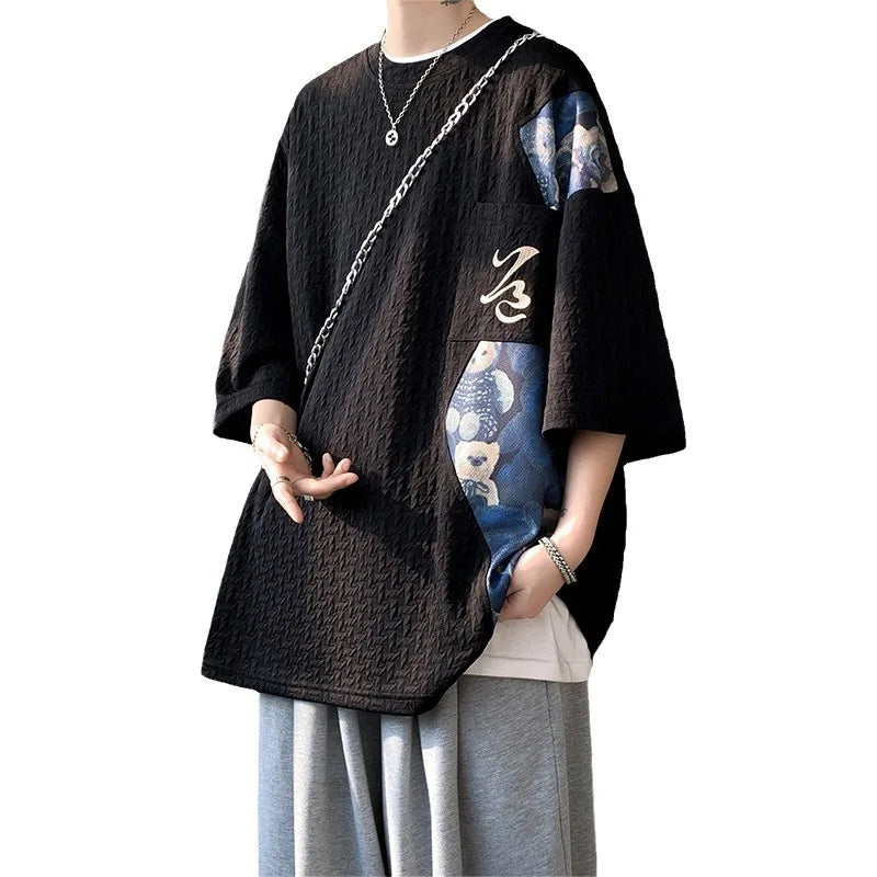 Men's T-shirt Short Sleeve Embroidery High-end Tooling Summer Newheavy Five-quarter Sleeve