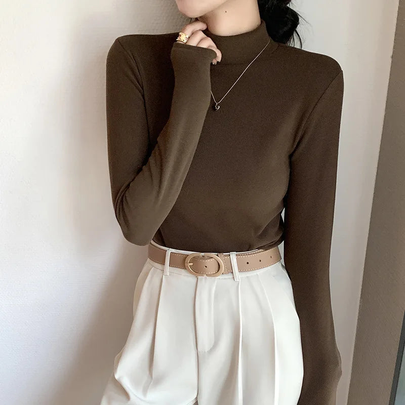 Semi-turtleneck double-sided German velvet bottoming shirt for women's spring and autumn models,thickened warm long-sleeved top