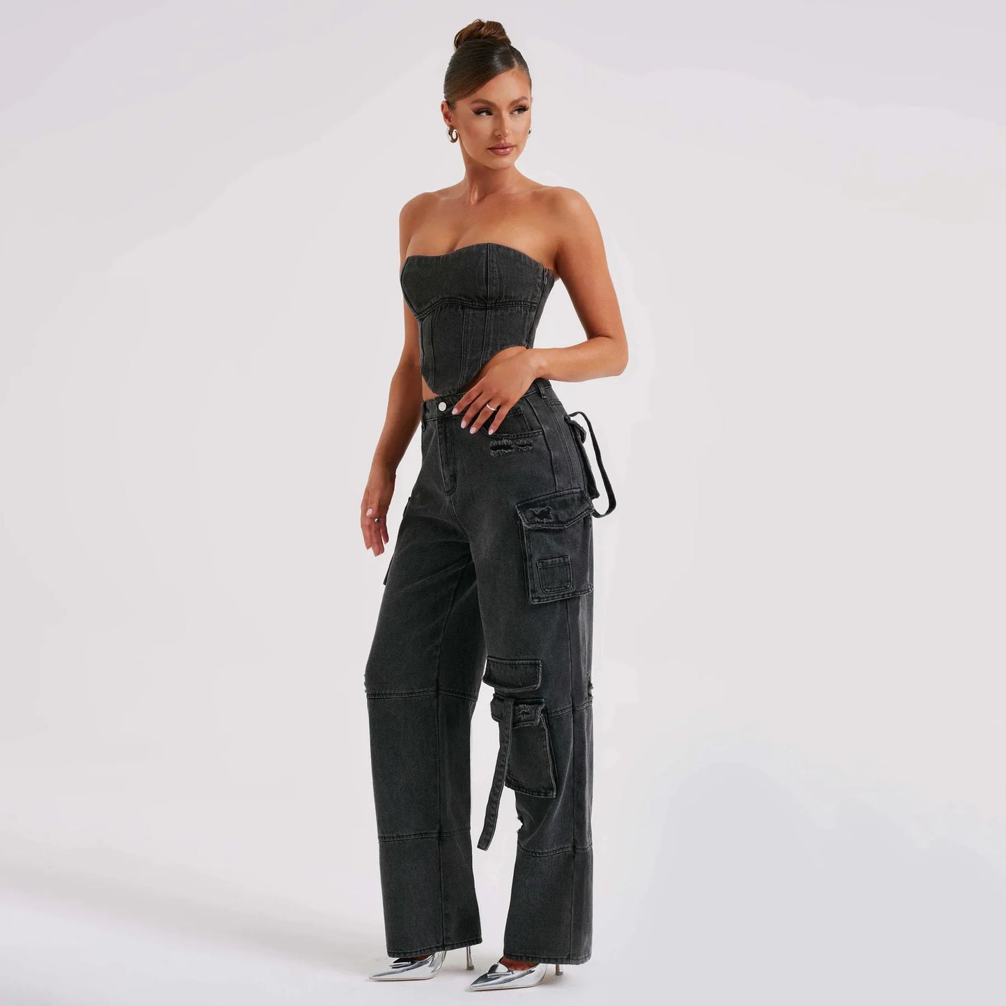 Low-rise Three-dimensional Pocket Splicing Jeans Women's Autumn New Loose Pendant and Thin Trousers