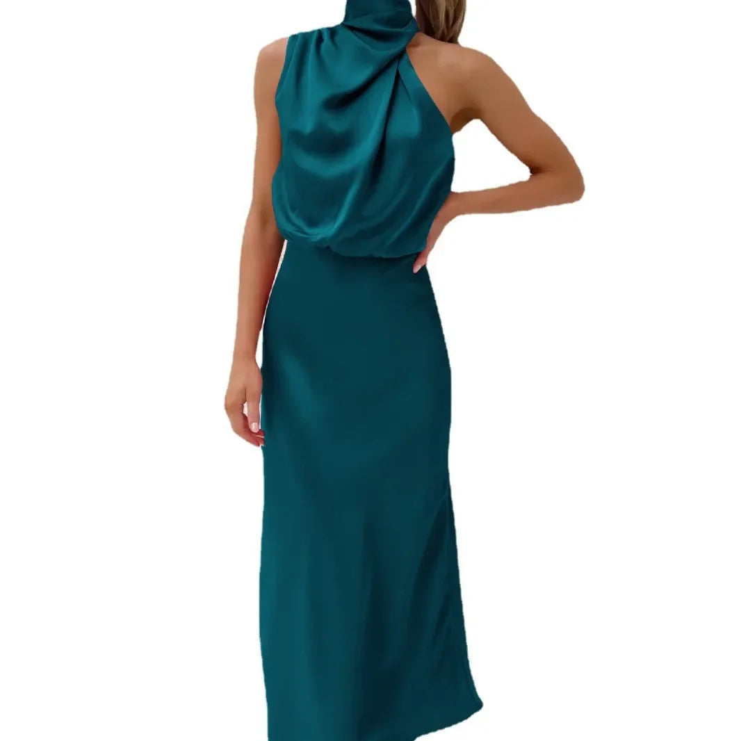 Spring and Summer New High-end Satin Sleeveless Dress Fashion Elegant Celebrity Light Evening Dress