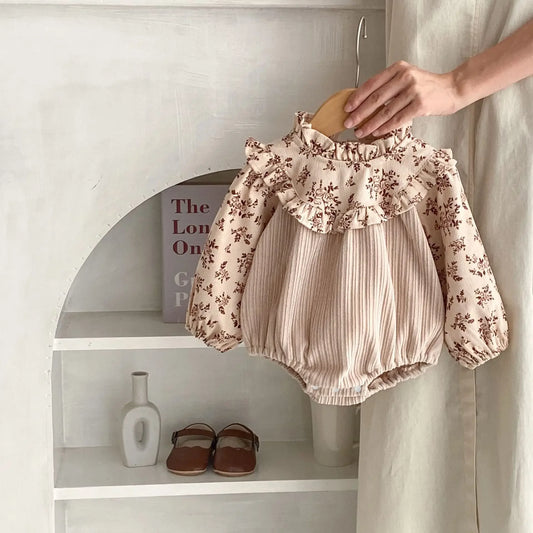 2024 Autumn Infants Children Girls Corduroy Printing Splicing Long Sleeve Romper Climbing Jumpsuit