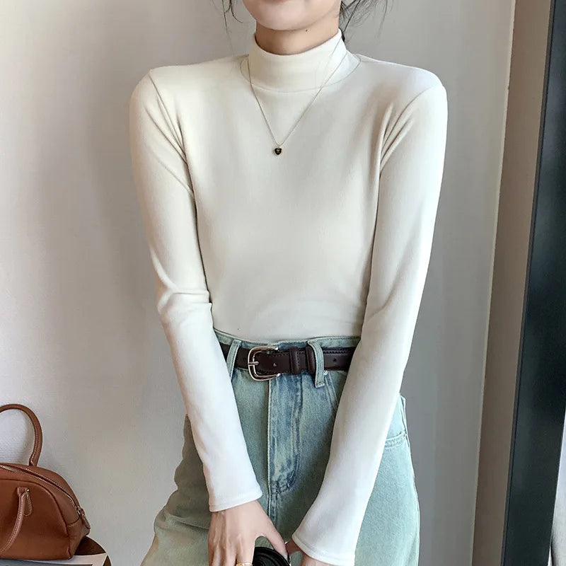 Semi-turtleneck double-sided German velvet bottoming shirt for women's spring and autumn models,thickened warm long-sleeved top