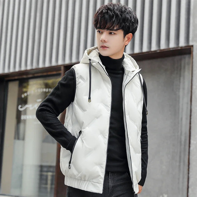 Men's Duck Down Vest Winter New Fashion Casual Basic Thermal Hooded Top