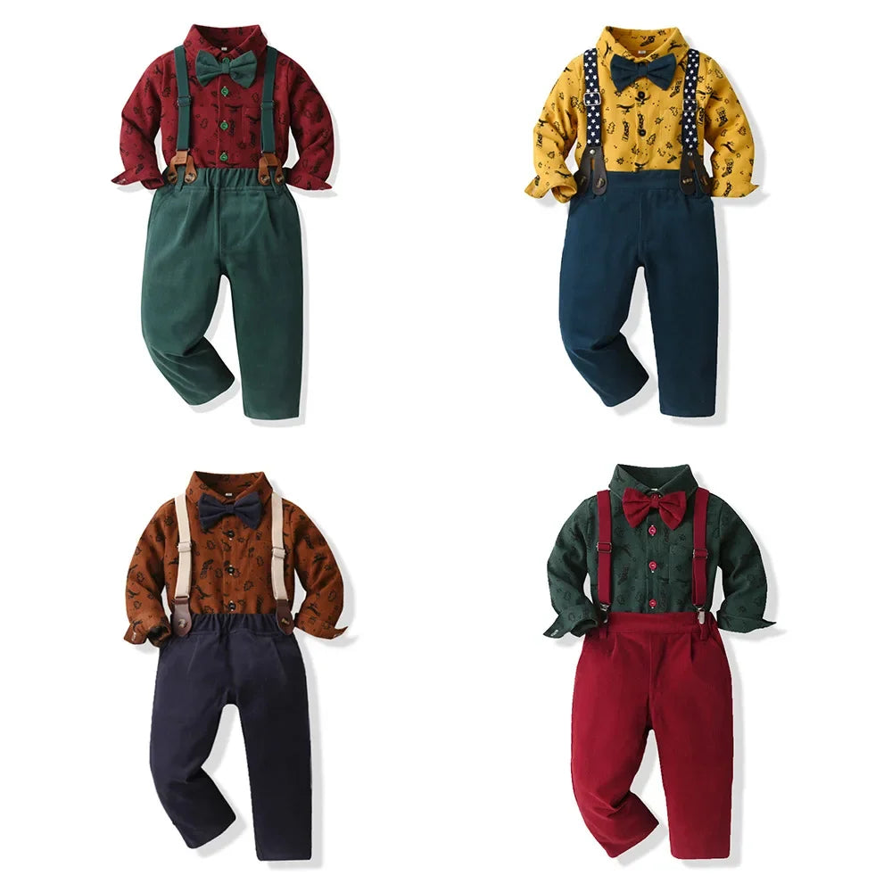 New Christmas Boys Set Printed Long Sleeve Cardigan Snowflake Velvet Overalls Two-piece Set