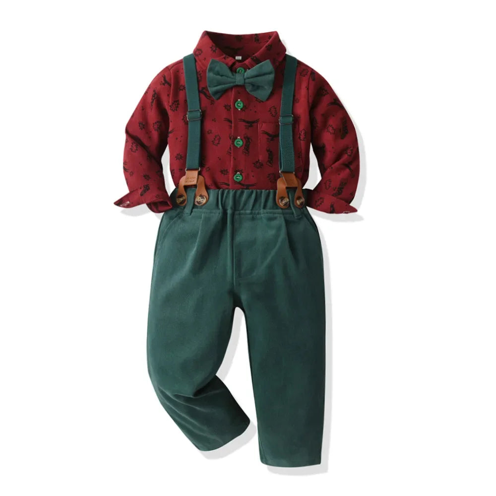 New Christmas Boys Set Printed Long Sleeve Cardigan Snowflake Velvet Overalls Two-piece Set