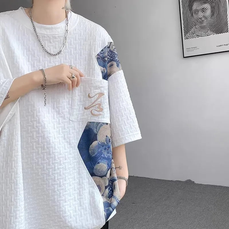 Men's T-shirt Short Sleeve Embroidery High-end Tooling Summer Newheavy Five-quarter Sleeve