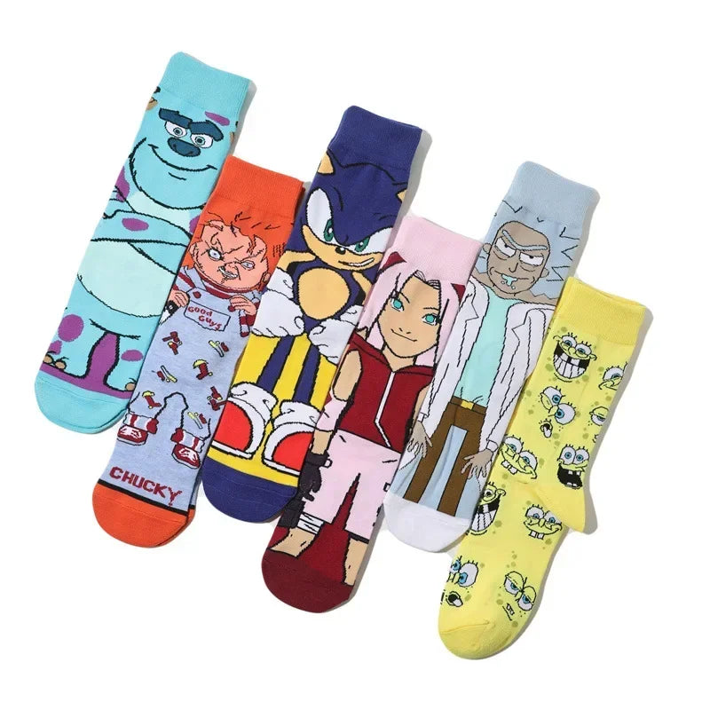 Men's Socks Cotton Cartoon Monster College Socks Anime Personality Trend Tube Socks Comic Stockings Women's Socks-5prs