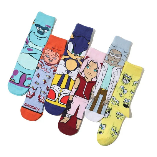 Men's Socks Cotton Cartoon Monster College Socks Anime Personality Trend Tube Socks Comic Stockings Women's Socks-5prs