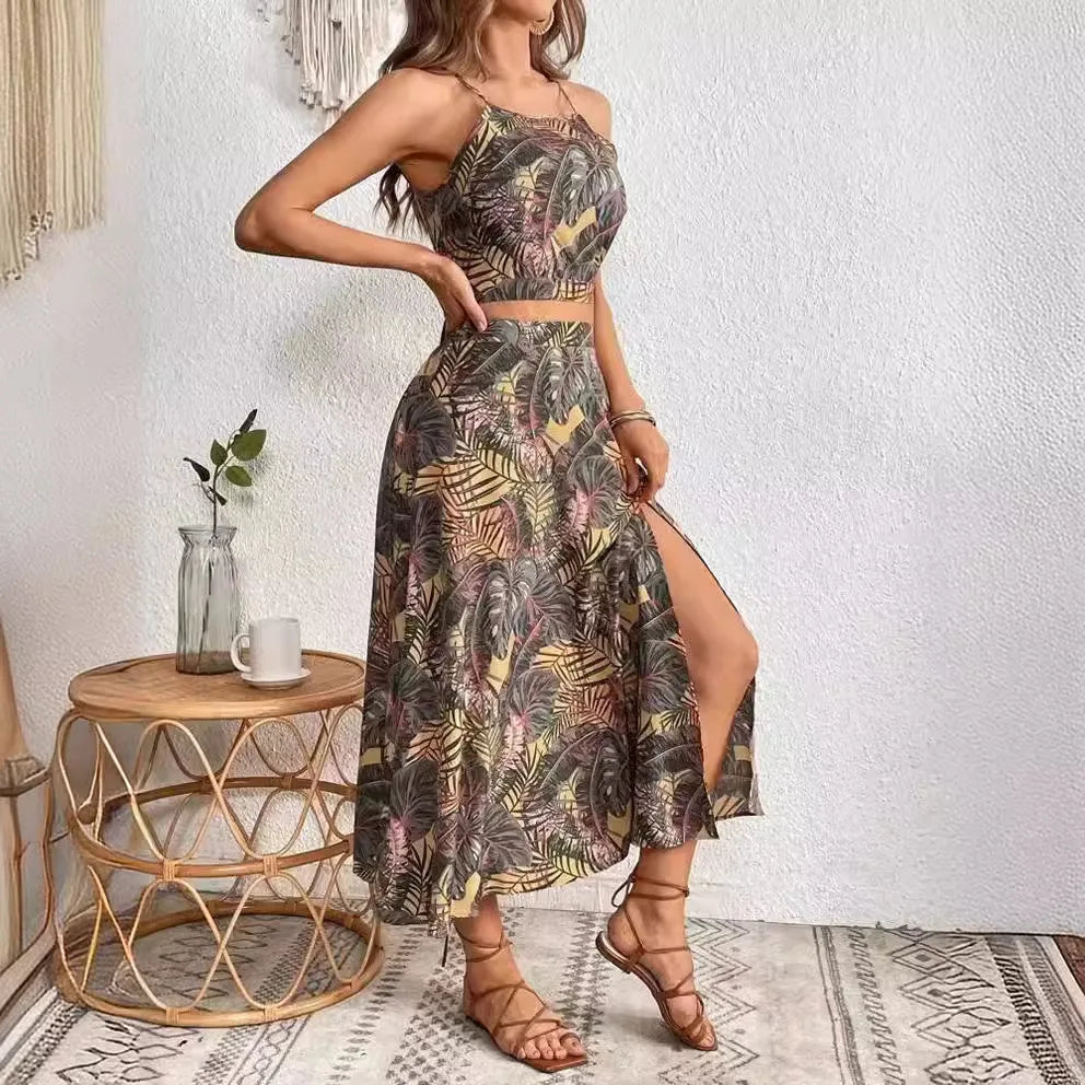 New Women's Summer Suspender Two-piece Printed Dress Long Dresses for Women