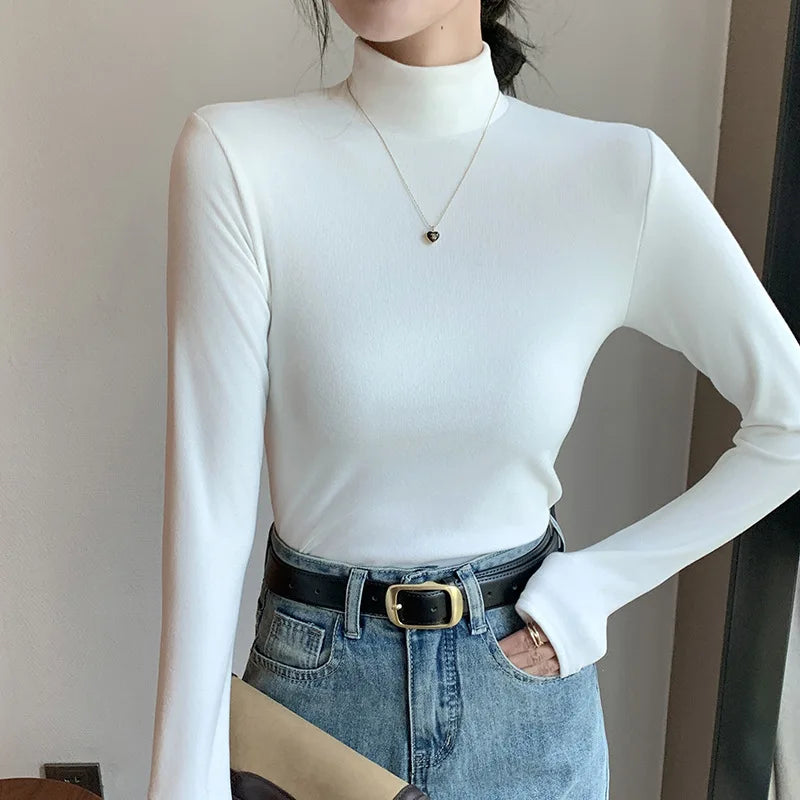 Semi-turtleneck double-sided German velvet bottoming shirt for women's spring and autumn models,thickened warm long-sleeved top