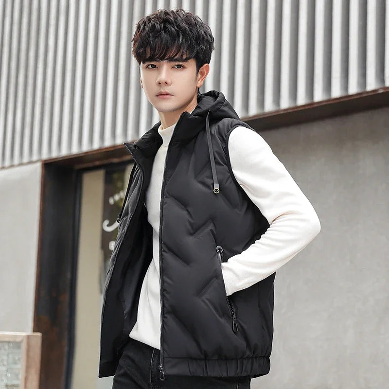 Men's Duck Down Vest Winter New Fashion Casual Basic Thermal Hooded Top