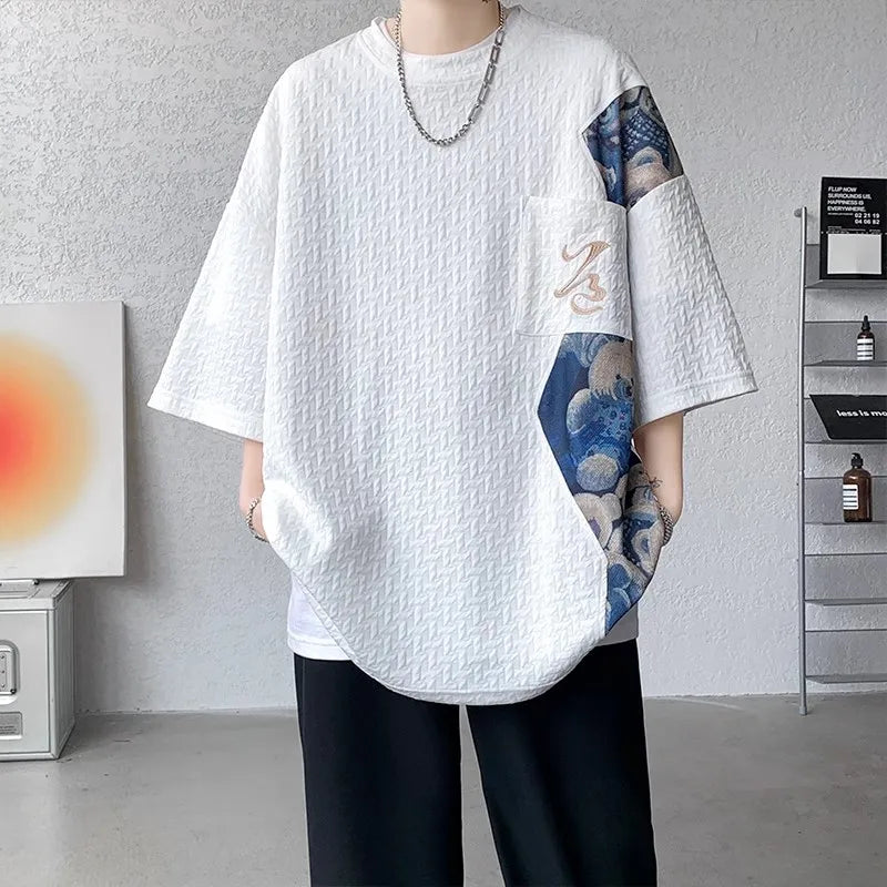 Men's T-shirt Short Sleeve Embroidery High-end Tooling Summer Newheavy Five-quarter Sleeve