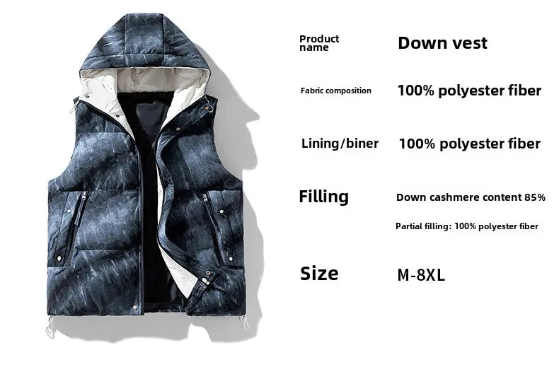Winter New Large Size Down Vest Men's Hooded Tie-dye Camouflage Gradual Change 85 White Duck Down Plus Fat