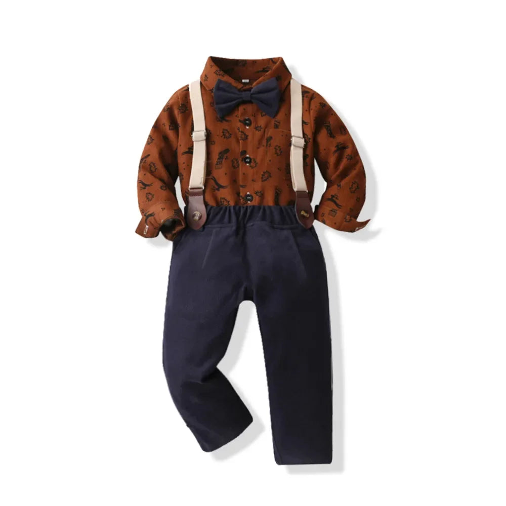 New Christmas Boys Set Printed Long Sleeve Cardigan Snowflake Velvet Overalls Two-piece Set