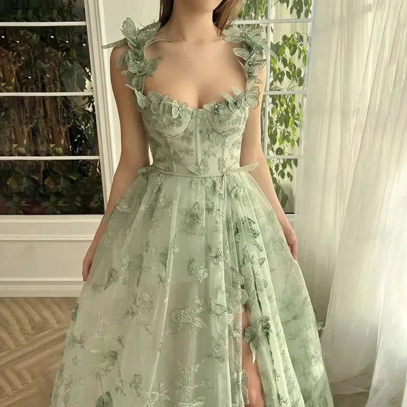 Suspender Mori Split Temperament Sexy Evening  Flower Lace Mesh Dress