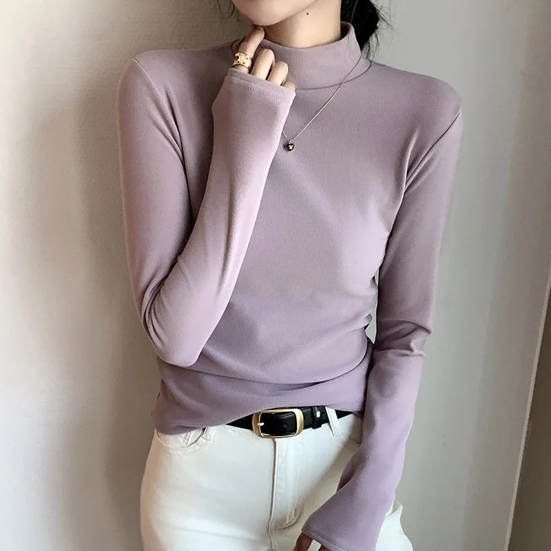 Semi-turtleneck double-sided German velvet bottoming shirt for women's spring and autumn models,thickened warm long-sleeved top
